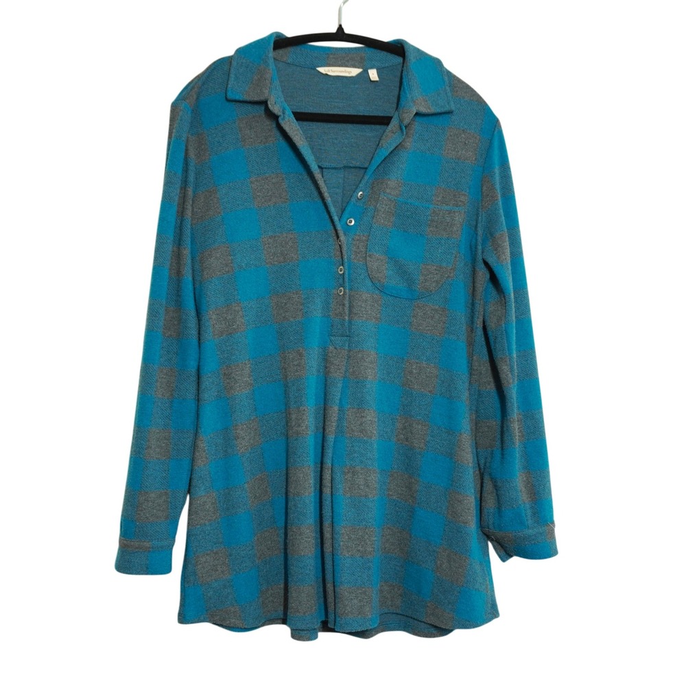 Soft Surroundings Teal Grey‎ Plaid Henley Tunic Top Small Buffalo Check Casual